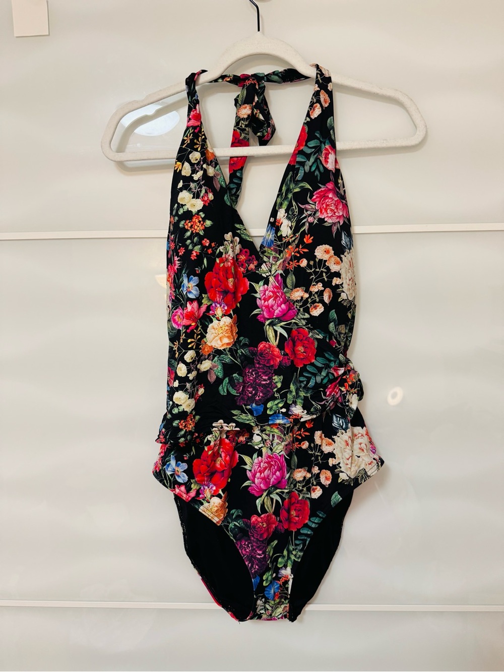 Aqua Rose Swimsuit XL halter wrap vneck one piece swim black floral retro